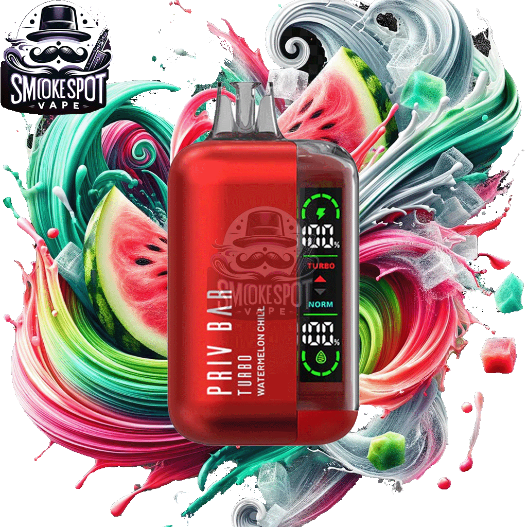 Close-up of Watermelon Chill Smok Priv Bar Turbo 15000 disposable vape showing slim design and OLED screen