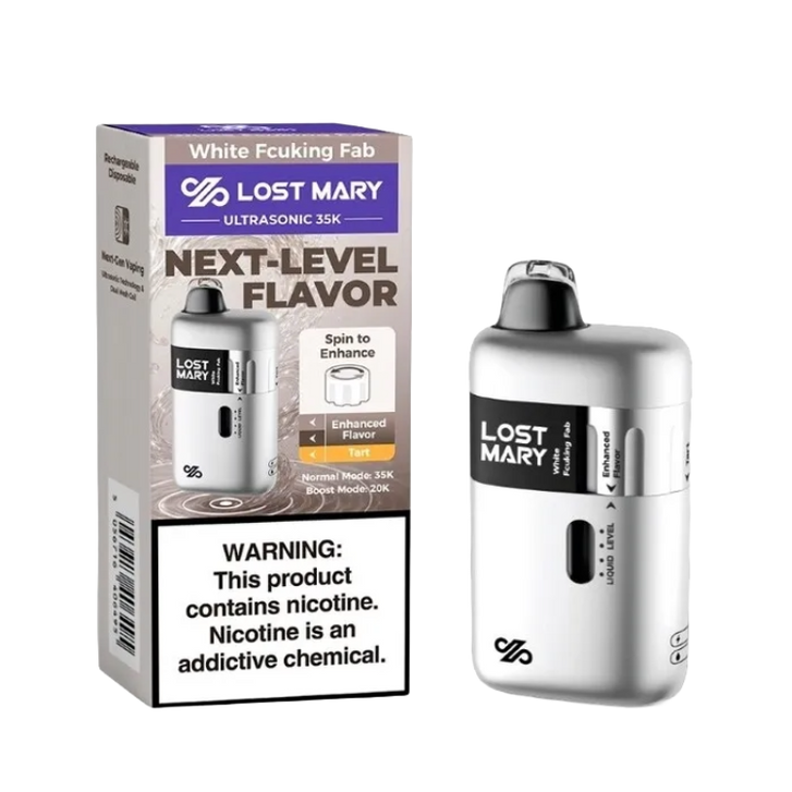 Lost Mary Ultrasonic 35K White Fab disposable vape with creamy tropical fruit flavor and packaging